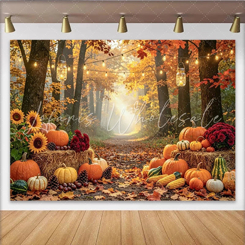 Celebrate Autumn Forest Pumpkin Patch Autumn Backdrop for Photoshoot with Warm String Lights and Hay Bales Background for Studio