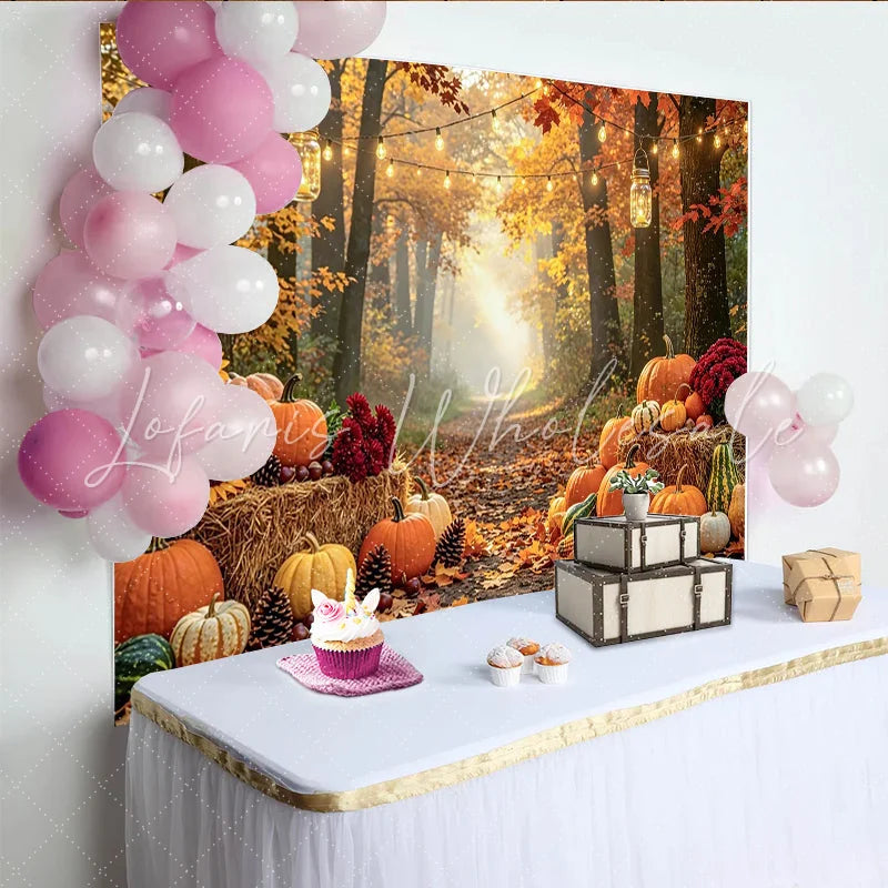 Celebrate Autumn Forest Pumpkin Patch Autumn Backdrop for Photoshoot with Warm String Lights and Hay Bales Background for Studio