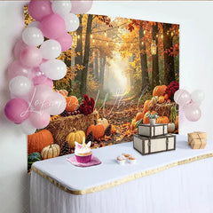 Celebrate Autumn Forest Pumpkin Patch Autumn Backdrop for Photoshoot with Warm String Lights and Hay Bales Background for Studio