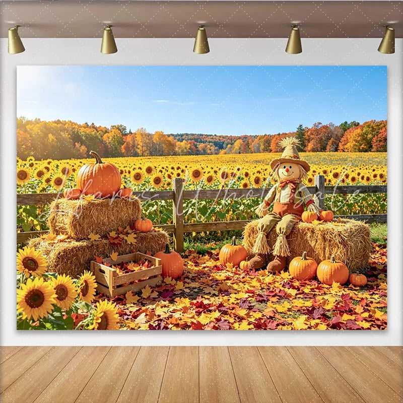 Celebrate Autumn Harvest Backdrop with Scarecrow and Pumpkins Beautiful Sunflower Field Background for Fall Photoshoot