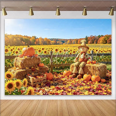 Celebrate Autumn Harvest Backdrop with Scarecrow and Pumpkins Beautiful Sunflower Field Background for Fall Photoshoot
