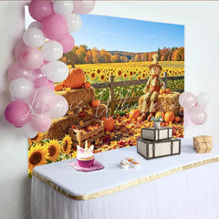 Celebrate Autumn Harvest Backdrop with Scarecrow and Pumpkins Beautiful Sunflower Field Background for Fall Photoshoot