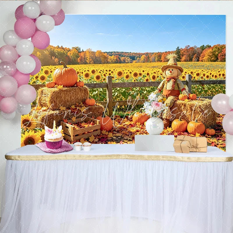 Celebrate Autumn Harvest Backdrop with Scarecrow and Pumpkins Beautiful Sunflower Field Background for Fall Photoshoot