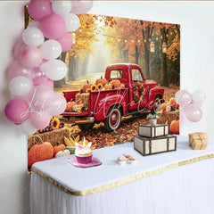 Celebrate Autumn Harvest Red Truck Photography Backdrop with Pumpkins Rustic Fall Forest Background for Thanksgiving Party Decor