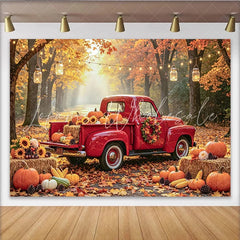 Celebrate Autumn Harvest Red Truck Photography Backdrop with Pumpkins Rustic Fall Forest Background for Thanksgiving Party Decor