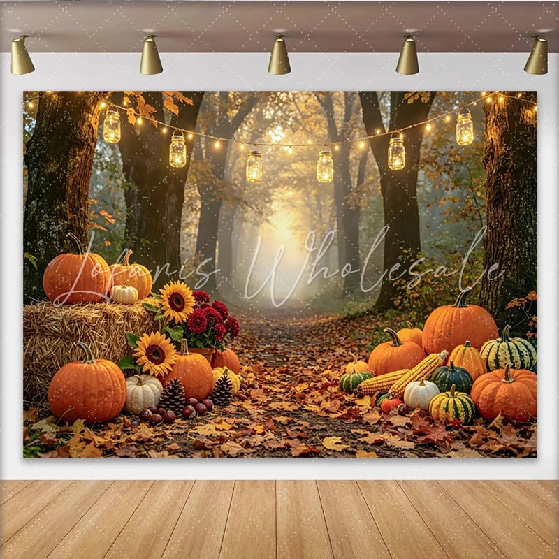 Celebrate Autumn Harvest Thanksgiving Backdrop with Pumpkins Rustic Forest Path Background for Family Portrait