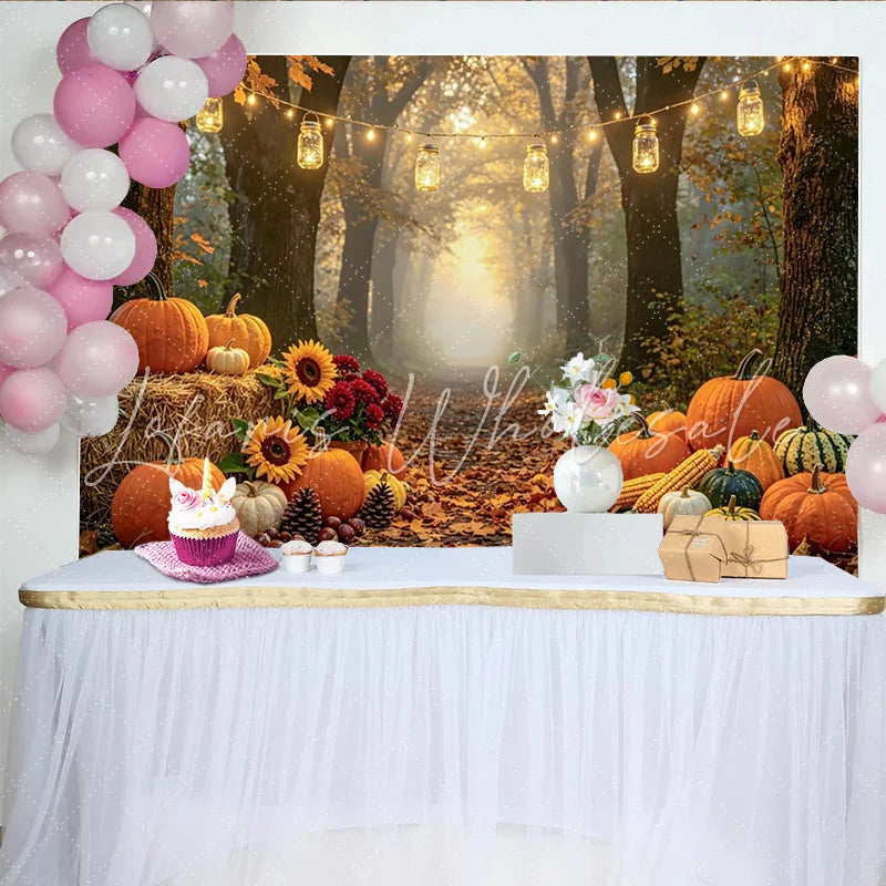Celebrate Autumn Harvest Thanksgiving Backdrop with Pumpkins Rustic Forest Path Background for Family Portrait