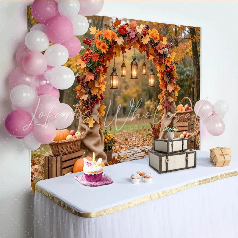 Celebrate Autumn Maple Arch Thanksgiving Backdrop for Family Party Rustic Pumpkin and Lantern Background for Harvest Photoshoot