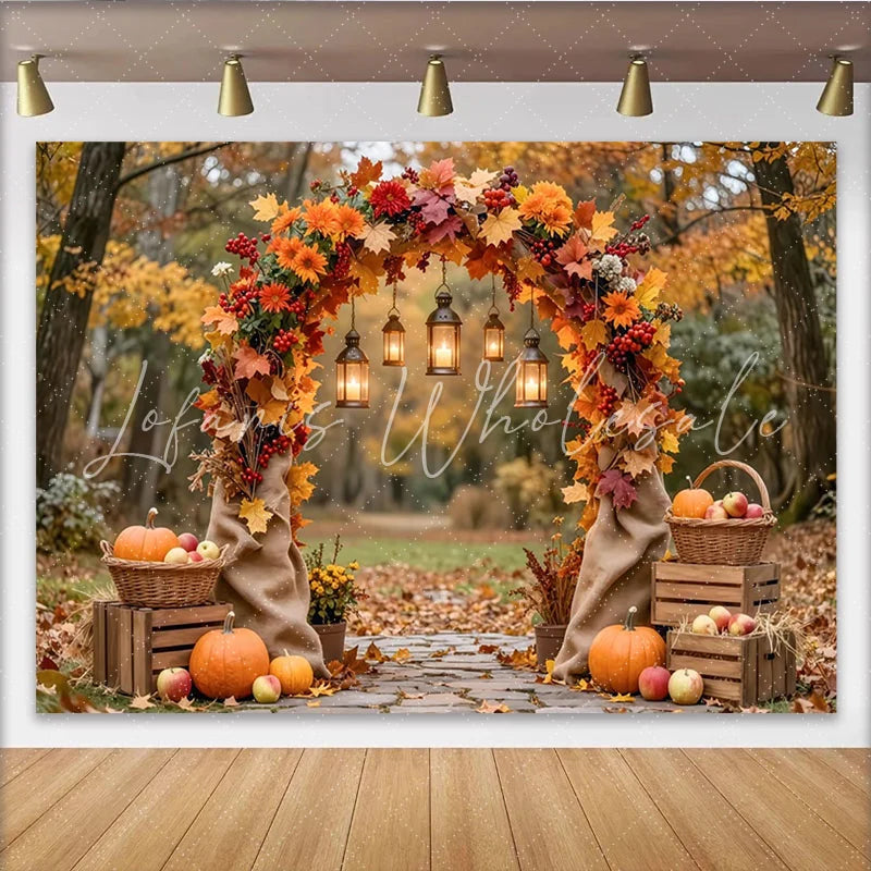 Celebrate Autumn Maple Arch Thanksgiving Backdrop for Family Party Rustic Pumpkin and Lantern Background for Harvest Photoshoot