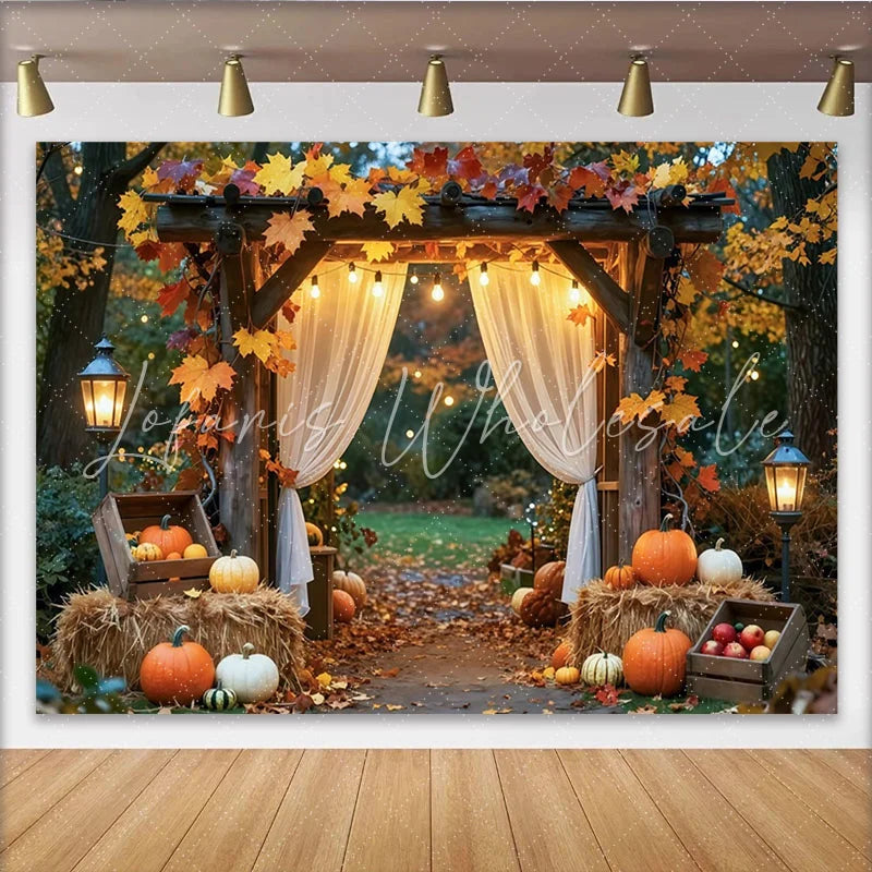 Celebrate Autumn Maple Leaf and Pumpkin Thanksgiving Backdrop Rustic Wooden Arch Background for Fall Harvest Party