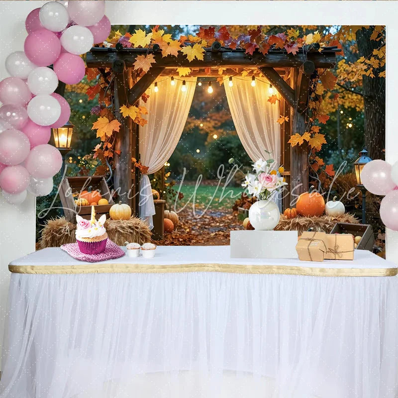 Celebrate Autumn Maple Leaf and Pumpkin Thanksgiving Backdrop Rustic Wooden Arch Background for Fall Harvest Party