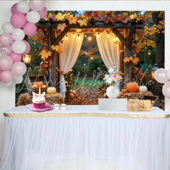 Celebrate Autumn Maple Leaf and Pumpkin Thanksgiving Backdrop Rustic Wooden Arch Background for Fall Harvest Party