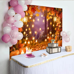 Celebrate Autumn Maple Leaves and Pumpkin Photography Backdrop Warm Lanterns Background for Thanksgiving Portrait
