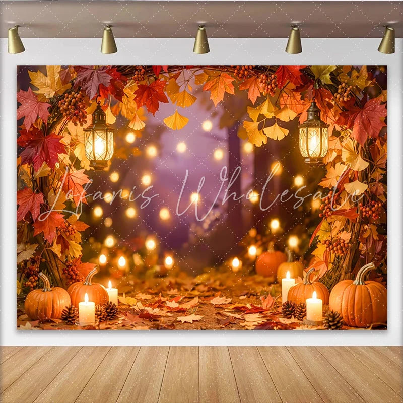 Celebrate Autumn Maple Leaves and Pumpkin Photography Backdrop Warm Lanterns Background for Thanksgiving Portrait