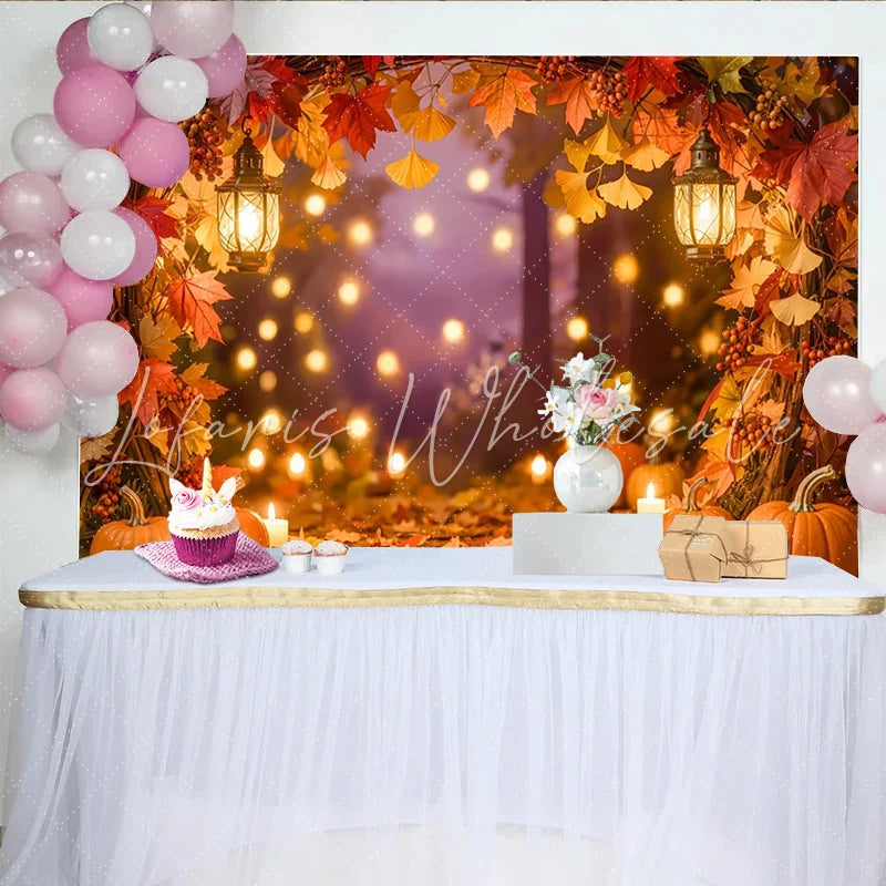 Celebrate Autumn Maple Leaves and Pumpkin Photography Backdrop Warm Lanterns Background for Thanksgiving Portrait