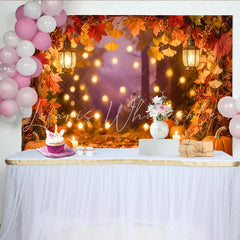 Celebrate Autumn Maple Leaves and Pumpkin Photography Backdrop Warm Lanterns Background for Thanksgiving Portrait
