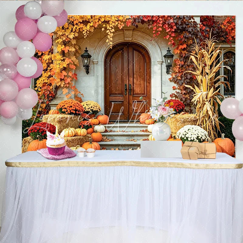 Celebrate Autumn Pumpkin Thanksgiving Backdrop for Porch Decor Rustic Fall Harvest Wooden Door Background for Photo Booth