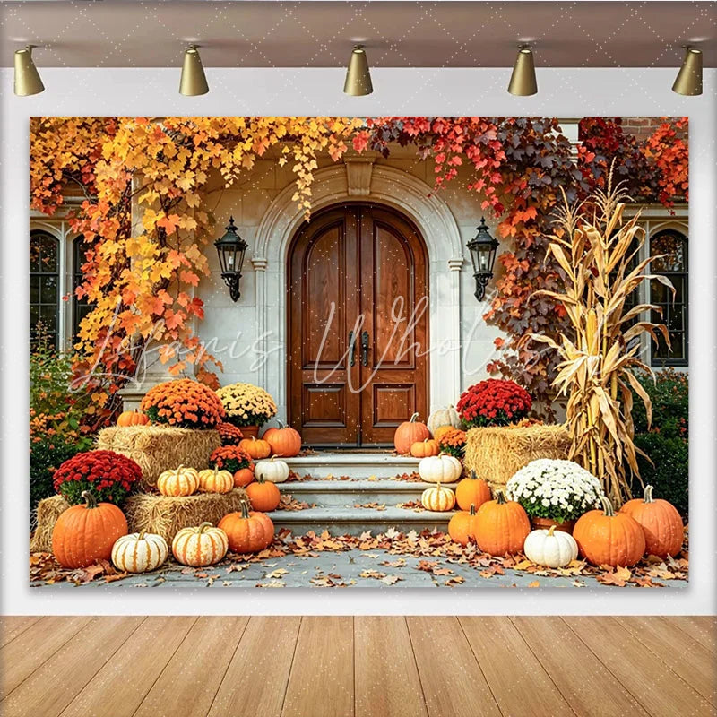 Celebrate Autumn Pumpkin Thanksgiving Backdrop for Porch Decor Rustic Fall Harvest Wooden Door Background for Photo Booth