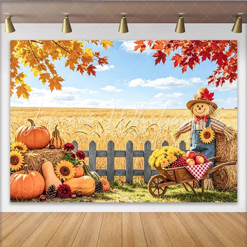Celebrate Autumn Pumpkin Thanksgiving Backdrop with Scarecrow Beautiful Wheat Field Banner for Autumn Party Decoration