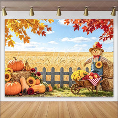Celebrate Autumn Pumpkin Thanksgiving Backdrop with Scarecrow Beautiful Wheat Field Banner for Autumn Party Decoration