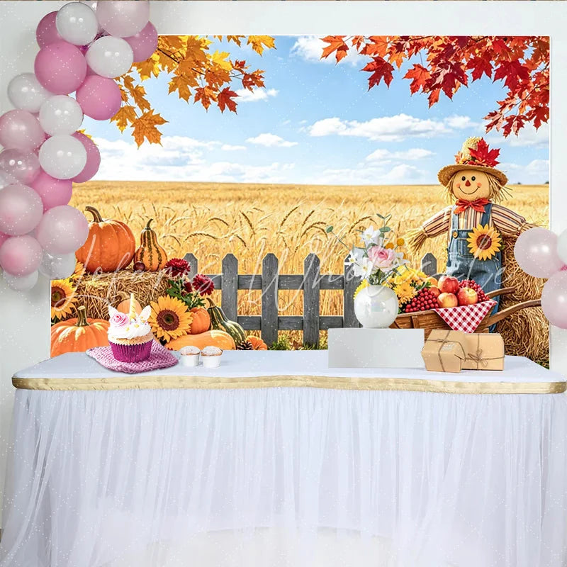 Celebrate Autumn Pumpkin Thanksgiving Backdrop with Scarecrow Beautiful Wheat Field Banner for Autumn Party Decoration