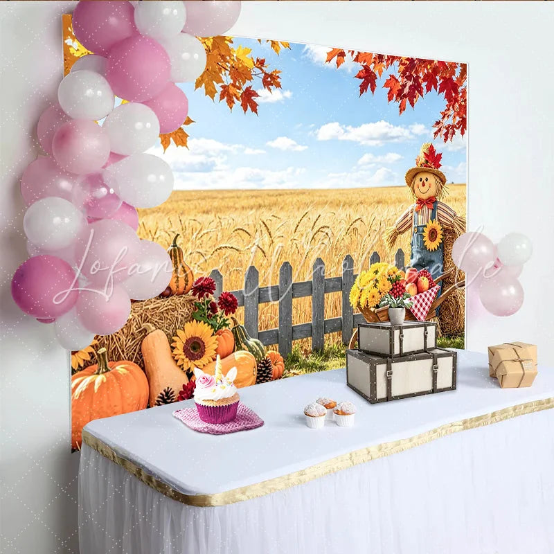 Celebrate Autumn Pumpkin Thanksgiving Backdrop with Scarecrow Beautiful Wheat Field Banner for Autumn Party Decoration