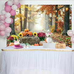Celebrate Autumn Pumpkin Thanksgiving Backdrop with Sunflowers Rustic Harvest Forest Background for Autumn Photography