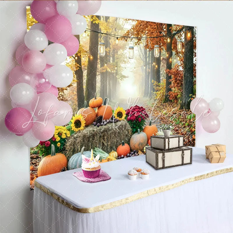 Celebrate Autumn Pumpkin Thanksgiving Backdrop with Sunflowers Rustic Harvest Forest Background for Autumn Photography