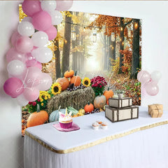 Celebrate Autumn Pumpkin Thanksgiving Backdrop with Sunflowers Rustic Harvest Forest Background for Autumn Photography