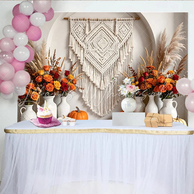 Celebrate Boho Autumn Backdrop with Macrame and Orange Pumpkins Rustic Floral Background for Thanksgiving Photoshoot