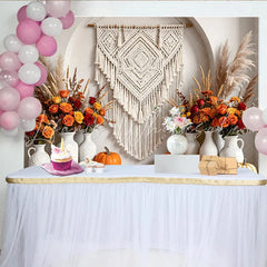 Celebrate Boho Autumn Backdrop with Macrame and Orange Pumpkins Rustic Floral Background for Thanksgiving Photoshoot