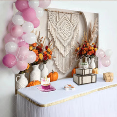 Celebrate Boho Autumn Backdrop with Macrame and Orange Pumpkins Rustic Floral Background for Thanksgiving Photoshoot