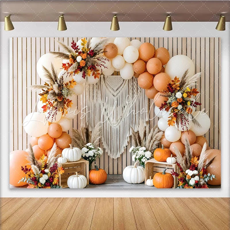 Celebrate Boho Autumn Backdrop with Pumpkins and Balloons for Portrait Rustic Wood Background for Thanksgiving Party Decor