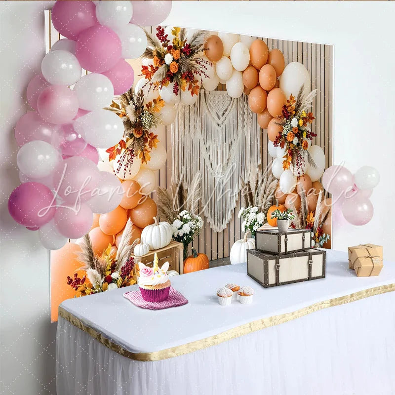 Celebrate Boho Autumn Backdrop with Pumpkins and Balloons for Portrait Rustic Wood Background for Thanksgiving Party Decor