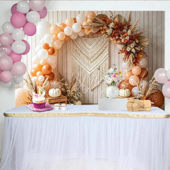 Celebrate Boho Autumn Pumpkin Thanksgiving Backdrop for Fall Harvest Rustic Wood Wall Background with Balloon Arch and Macrame