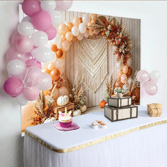 Celebrate Boho Autumn Pumpkin Thanksgiving Backdrop for Fall Harvest Rustic Wood Wall Background with Balloon Arch and Macrame