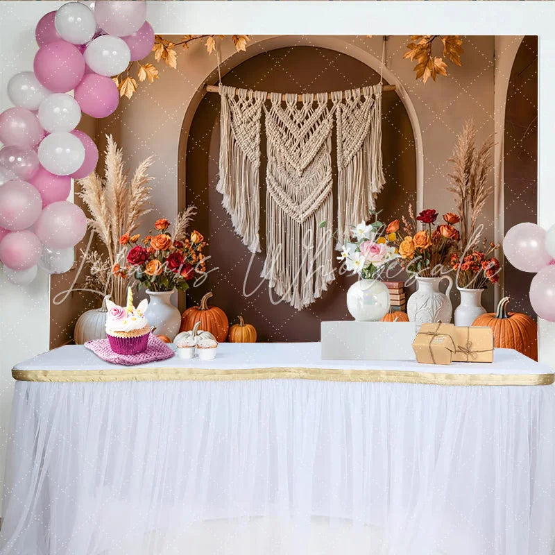 Celebrate Boho Autumn Pumpkin Thanksgiving Backdrop for Family Party Rustic Macrame and Floral Photo Background Banner