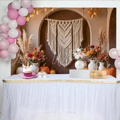 Celebrate Boho Autumn Pumpkin Thanksgiving Backdrop for Family Party Rustic Macrame and Floral Photo Background Banner