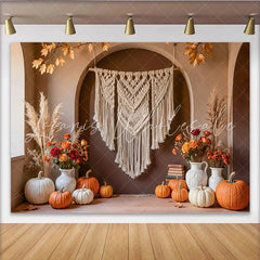 Celebrate Boho Autumn Pumpkin Thanksgiving Backdrop for Family Party Rustic Macrame and Floral Photo Background Banner