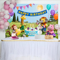 Celebrate Cartoon Animal Birthday Backdrop with Colorful Balloons and Cake Joyful Party Decoration for Kids Celebration
