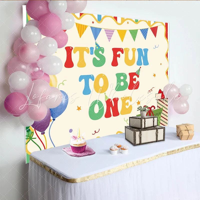 Celebrate Colorful Balloons and Stripes 1st Birthday Backdrop for Boy Fun to Be One Party Banner and Cute Cake Smash Studio Prop