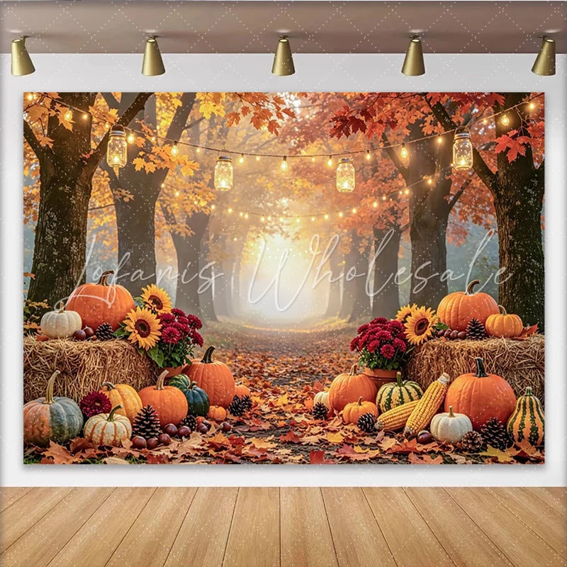 Celebrate Cozy Autumn Backdrop with Pumpkins and Sunflowers Rustic Forest Path Background for Thanksgiving Party Decor