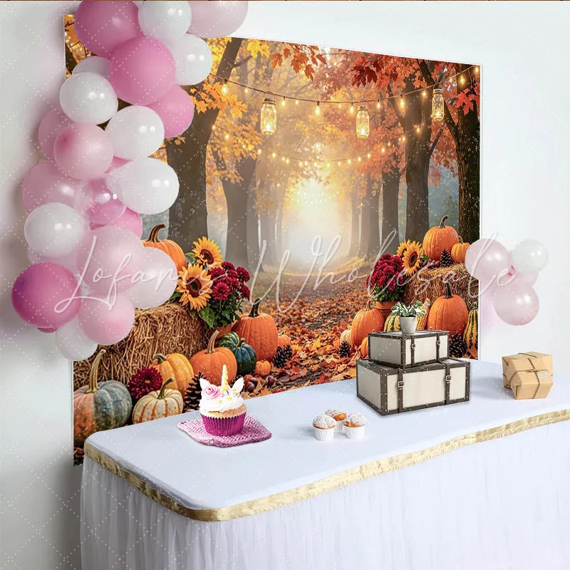 Celebrate Cozy Autumn Backdrop with Pumpkins and Sunflowers Rustic Forest Path Background for Thanksgiving Party Decor