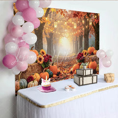 Celebrate Cozy Autumn Backdrop with Pumpkins and Sunflowers Rustic Forest Path Background for Thanksgiving Party Decor
