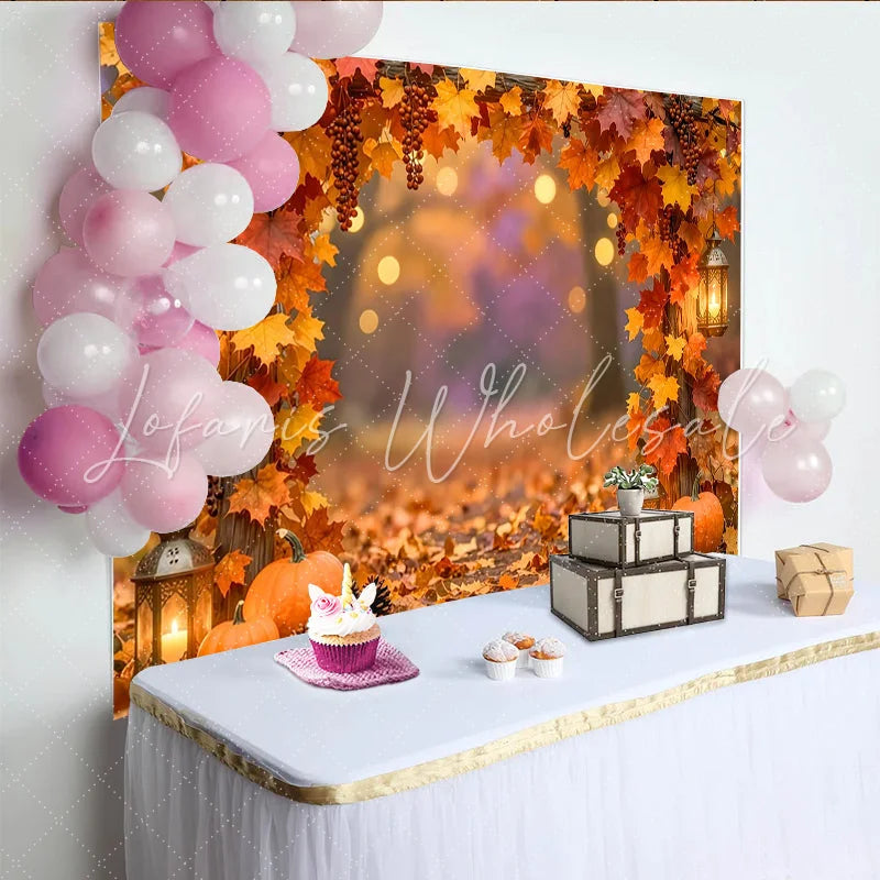 Celebrate Fall Autumn Backdrop with Maple Leaves and Pumpkins Rustic Wood Lantern Background for Thanksgiving Party