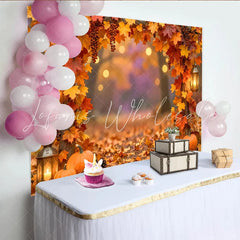 Celebrate Fall Autumn Backdrop with Maple Leaves and Pumpkins Rustic Wood Lantern Background for Thanksgiving Party