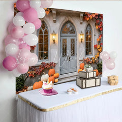 Celebrate Fall Porch Autumn Backdrop with Pumpkins and Maple Leaves Elegant House Door Background for Thanksgiving Photo Booth