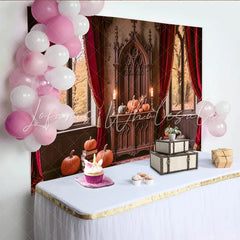 Celebrate Gothic Castle Halloween Backdrop with Pumpkins Vintage Red Curtain Background for Autumn Holiday Party
