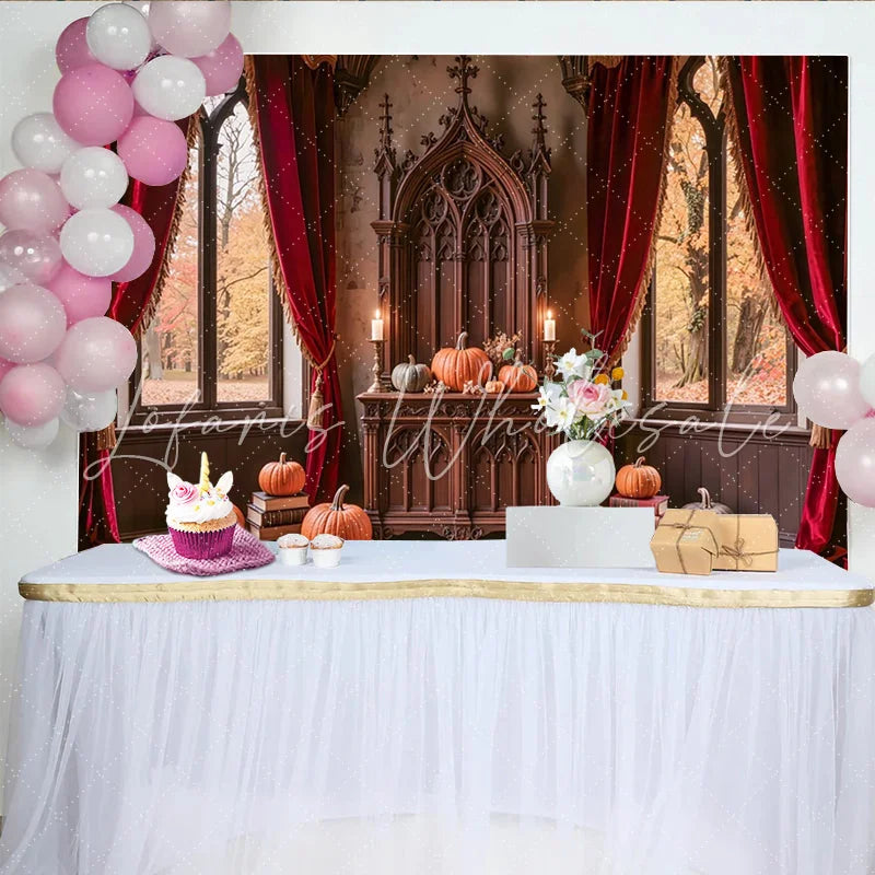 Celebrate Gothic Castle Halloween Backdrop with Pumpkins Vintage Red Curtain Background for Autumn Holiday Party