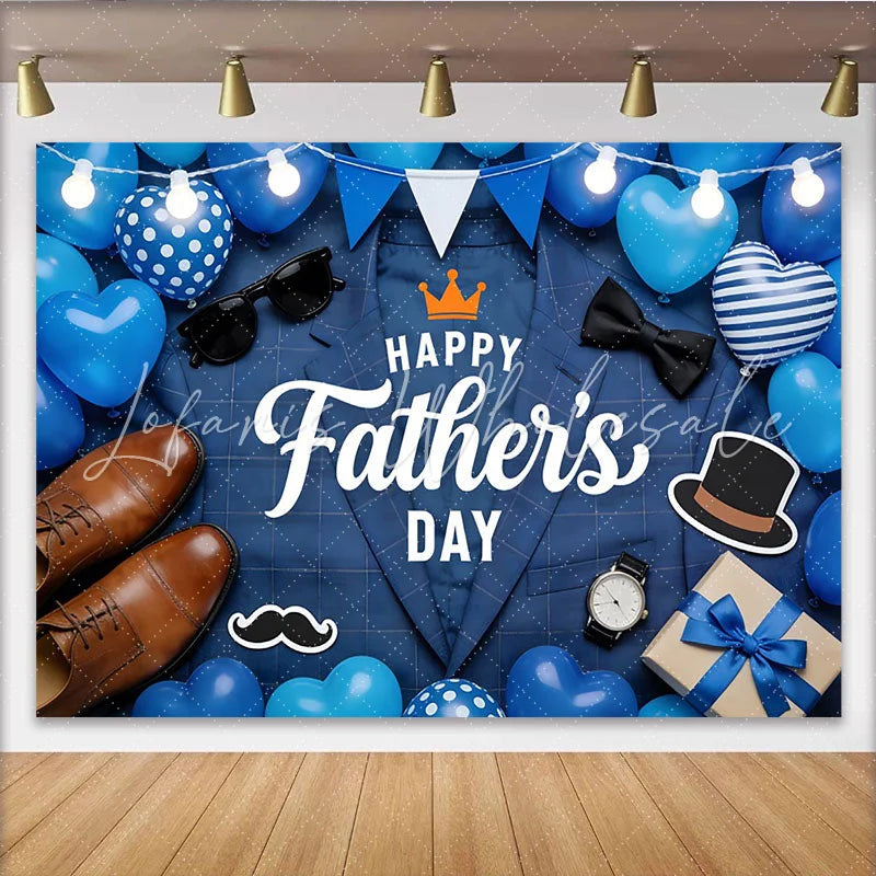 Celebrate Happy Fathers Day Blue Plaid Backdrop with Suit and Balloons Elegant Photo Background for Celebration and Party Decor